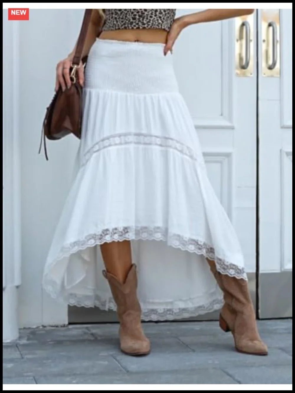 Womens Boho Maxi Skirt High Waist Flowy A-Line Long Skirt Smocked Lace Trim